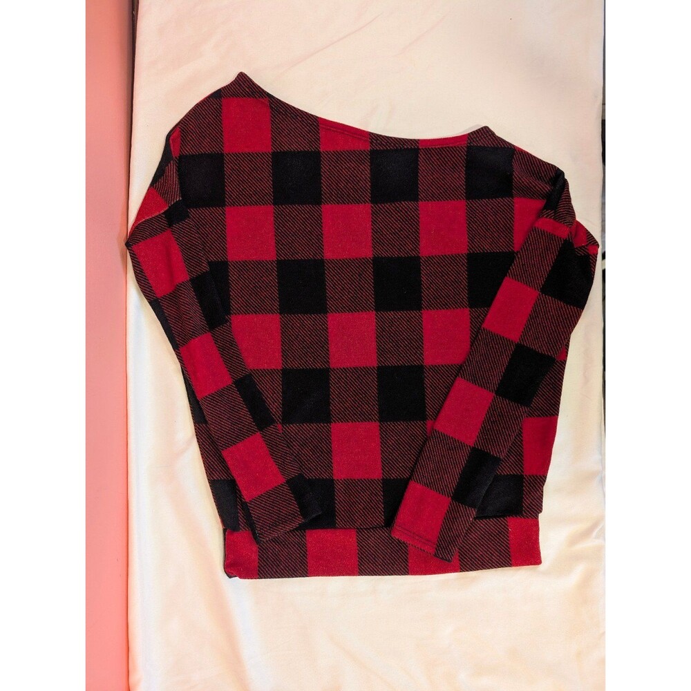 Women's White Birch Off the Shoulder Long Sleeve Shirt Plaid Red Black Small